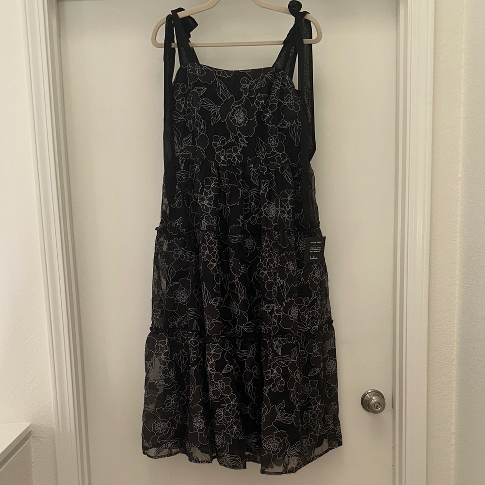 Lulu's Black Midi Dress with White Floral Embroidery and Tie Shoulders - Picture 6 of 13